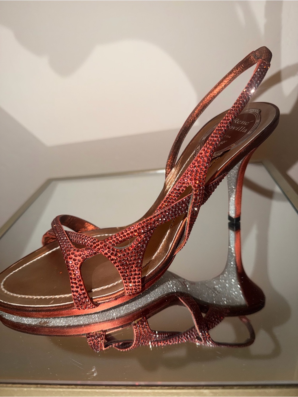 Rene Caovilla Rust Red Crystal-Strap Slingback Stilettos - Picture 2 of 12